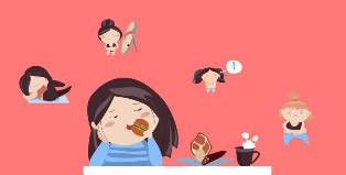 fată desenată mâncând, făcând exerciții fizice, pierzând în greutate
